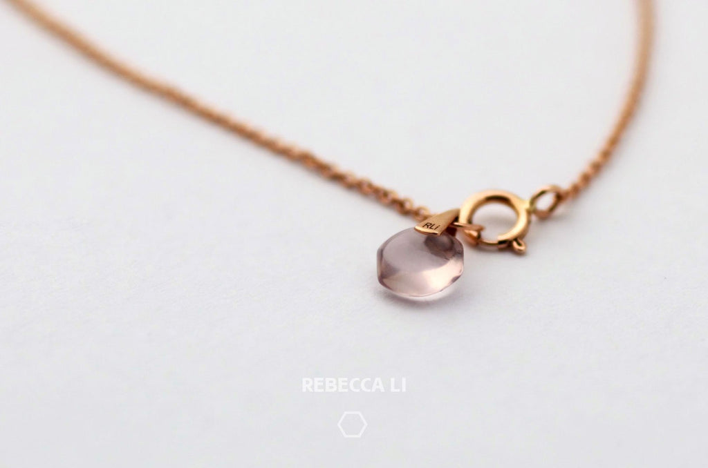Perfect Dainty Mini Natural Rose Quartz Crystal Link On 18K Solid Rose Gold Chain
