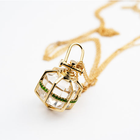 Rebecca Li, Six Senses Talisman Collection, Pendant, 18k Yellow Gold, Rock Crystal, 12 Sided, Diopside, CRYSTA-TALISM-2017-0101-18KYEL-12SIDE-ROCKCR-DIOPSI