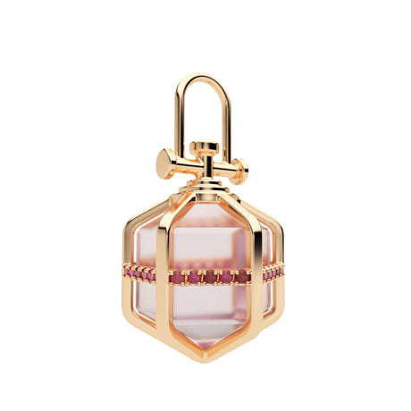Rebecca Li, Six Senses Talisman Collection, Pendant, 18k Rose Gold, Rose Quartz, 6 Sided, Ruby, CRYSTA-TALISM-2017-0101-18KROS-ROSEQU-RUBY